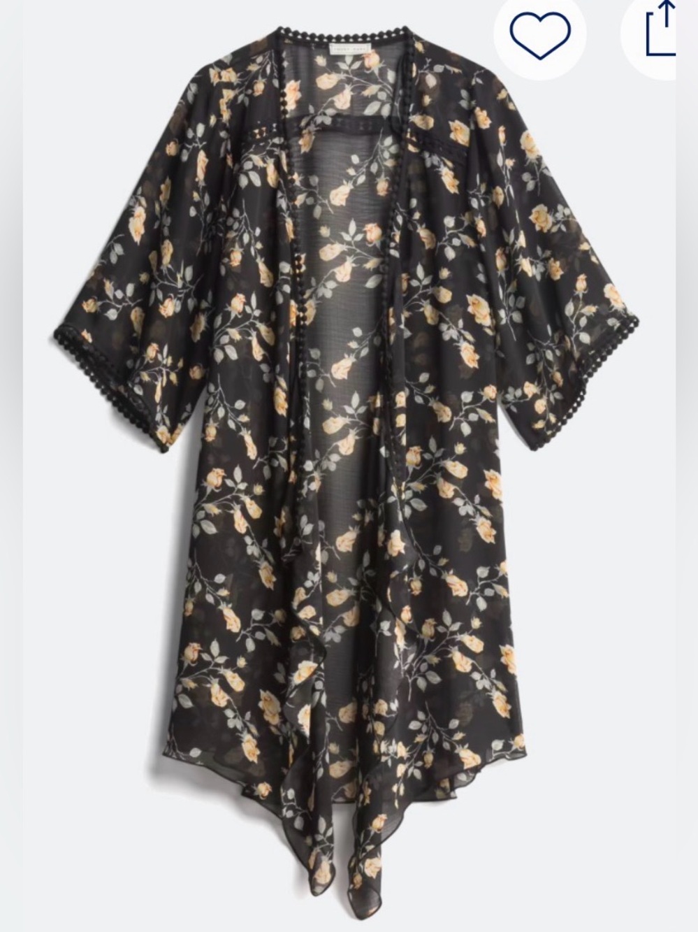⚫️ EMORY PARK LANDY OPEN FRONT KIMONO COVER UP - BLACK FLORAL WITH LACE TRIM ⚫️